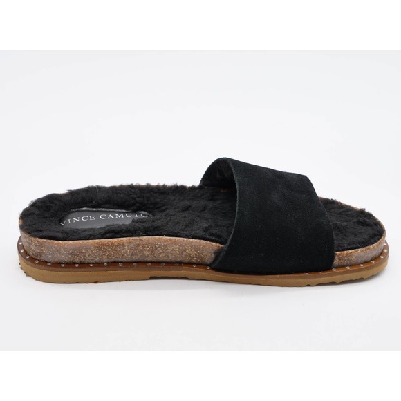 Vince Camuto Sandals Womens 6 Kanadial Black Suede Faux Fur Lined Slides Studded - Picture 3 of 11